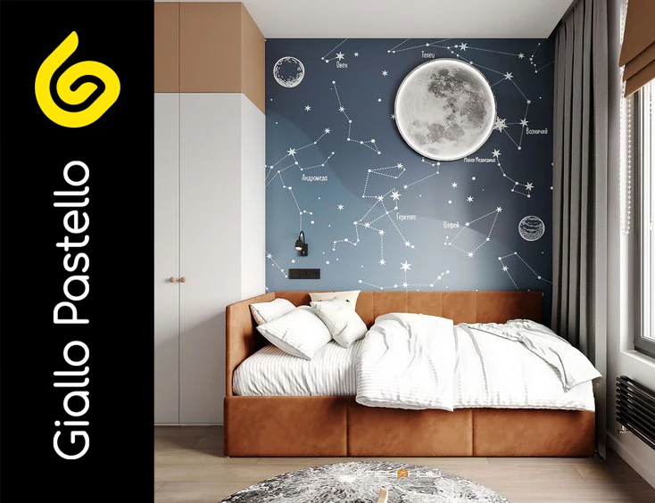 Carta da parati bambini tema costellazioni e pianeti - Giallo Pastello Interior Design Brescia