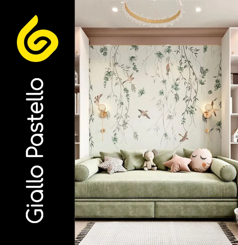 Carta da parati bambini con fiori e piante stile bosco - Giallo Pastello Interior Design Brescia