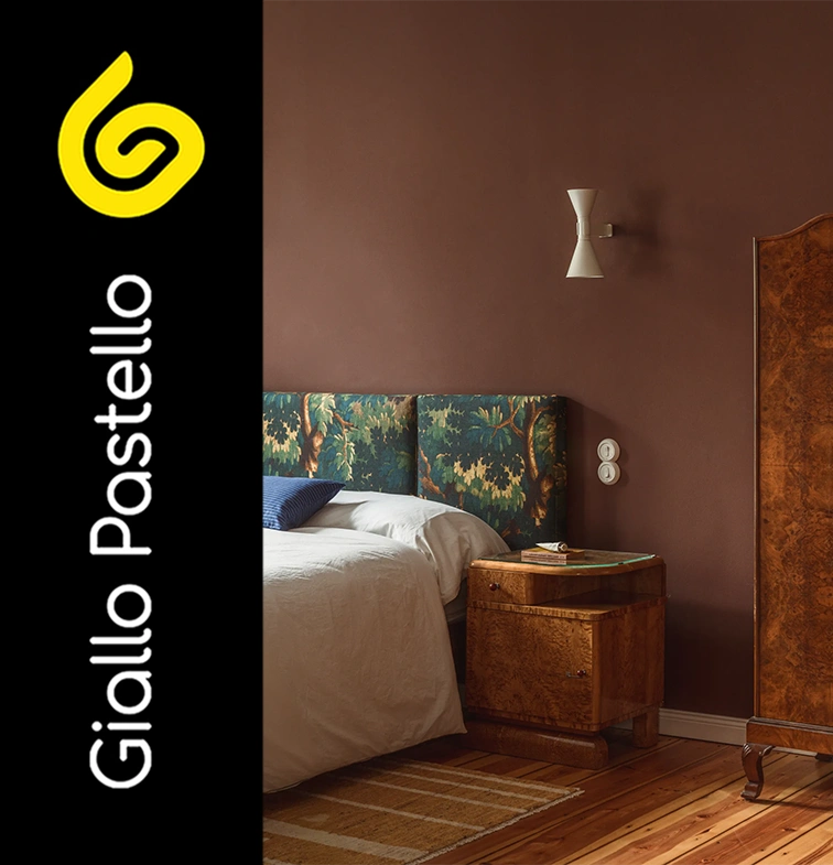 Zona notte rilassante con pareti e tessili Mocha Mousse - Giallo Pastello Interior Design