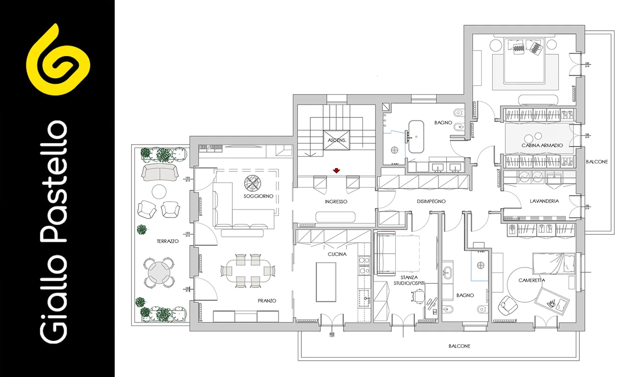 Organizzazione spazi casa: esempio di planimetria con stanze - Giallo Pastello Interior Design Brescia Milano