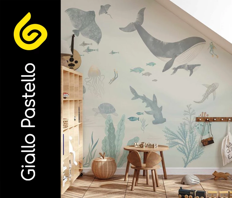 Carta da parati bambini paesaggio marino e fari - Giallo Pastello Interior Design Brescia