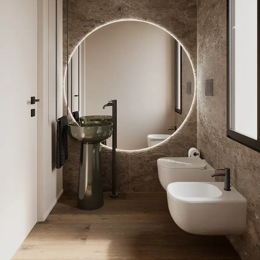 Ristrutturazione bagno Brescia: piccolo bagno di design con lavandino verde - Giallo Pastello Interior Design Brescia