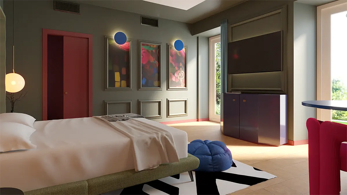 Ristrutturazione Hotel Brescia: camera da letto rossa con colori caldi - Giallo Pastello