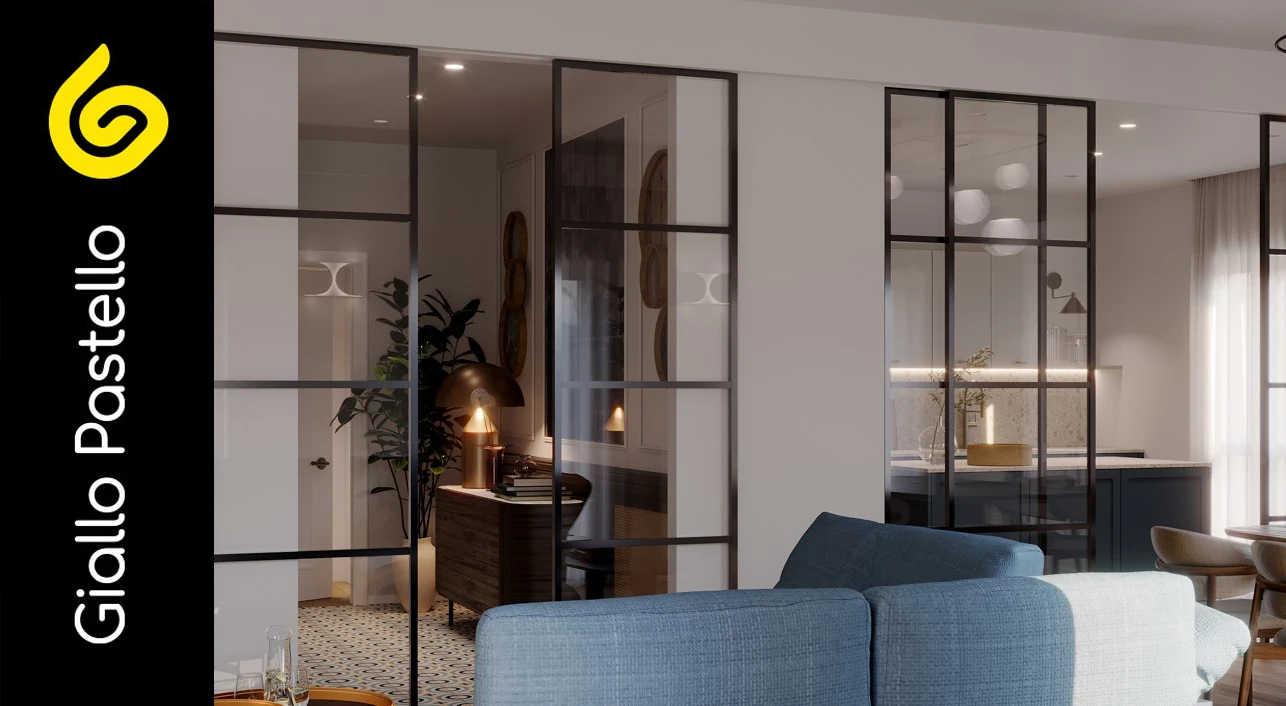 Spazi casa: esempio di salotto con porte in vetro - Giallo Pastello Interior Design Brescia Milano