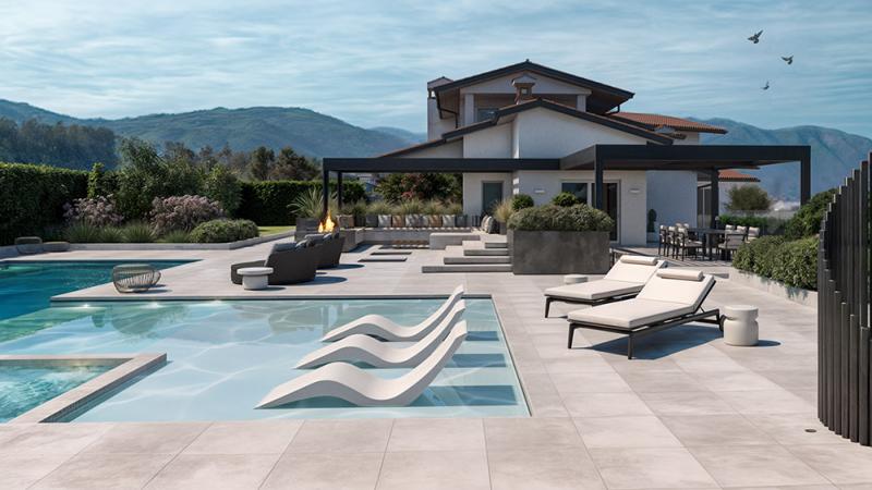 Arredo Outdoor Piscina con sdraio - Giallo Pastello Interior Design Brescia