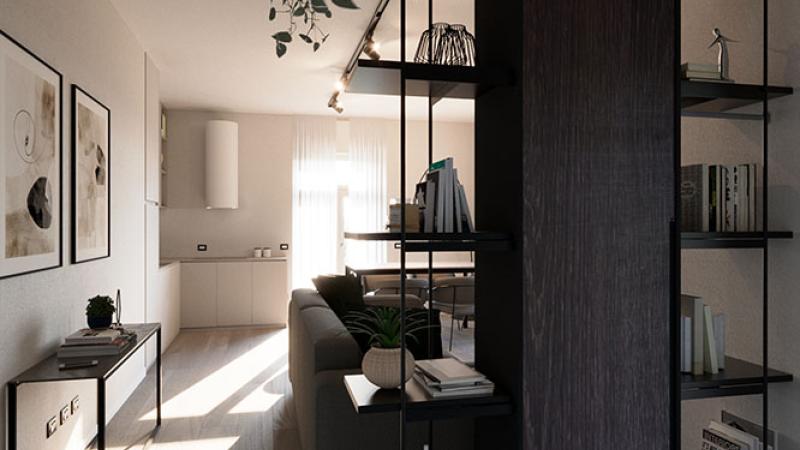 Cortina d’Ampezzo: un appartamento di design nel cuore del centro: Scaffalatura - Giallo Pastello Interior Design