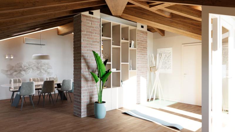 Ristrutturazione Mansarda su Misura: vista zona living con tavolo - Giallo Pastello Interior Design Brescia