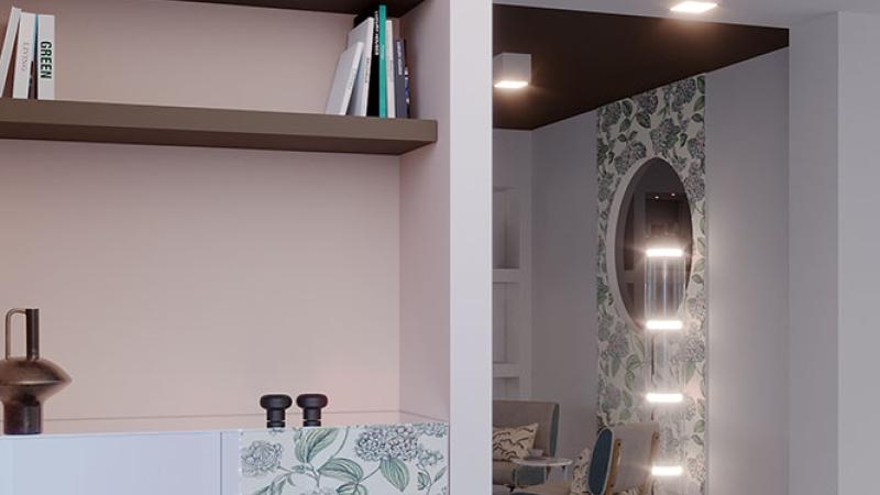 Rinnovo zona living sul lago di garda scaffali e carta da parati - Giallo Pastello Interior Design Brescia Milano