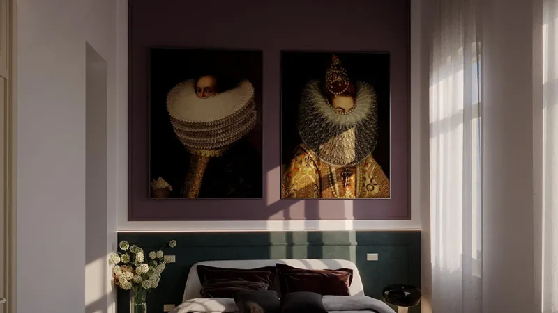 Luce sul passato - Camera da letto lato tv - centro storico Brescia- interior design Giallo Pastello